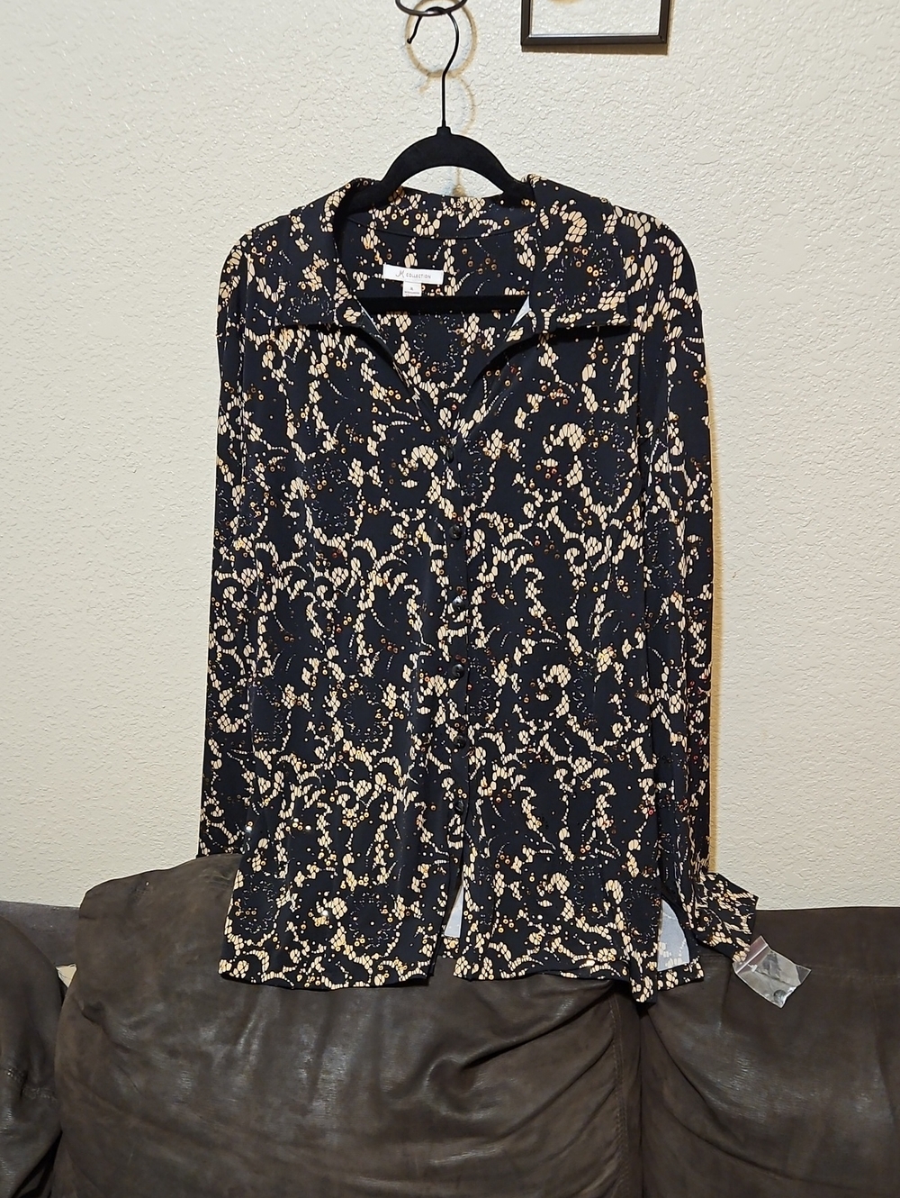 JM Collection Black Button-Down Blouse w/ Cream Abstract Print And Gold Sequins